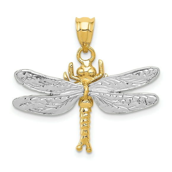 14k Yellow and White Gold Two-tone Dragonfly Pendant Length 24mm