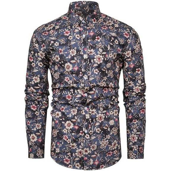 Mens Shirts Long Sleeve Tropical Button Down Summer Beach Style Printed Mens Hawaiian Shirt Blue L