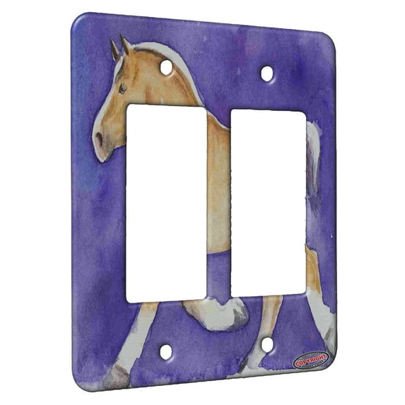 KuzmarK™ 2 Gang Rocker Wall Plate - Belgian Draft Horse on Purple Horse Art by Denise Every