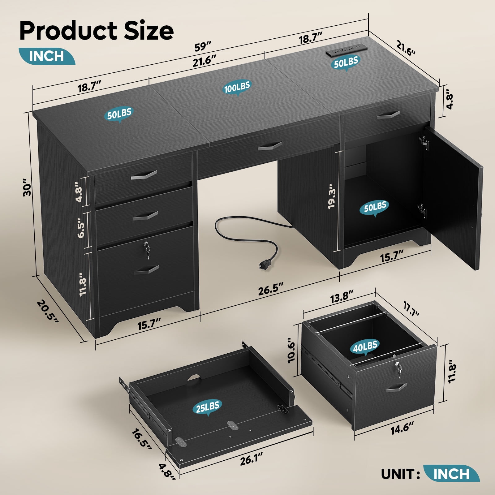 Bestier Computer Desk with 5 Drawers, 59'' Office Desk with Storage, Modern Executive Desk with File Drawers and Storage Cabinets, Charging station, Keyboard Tray, Suitable for Study& Bedrooms Black