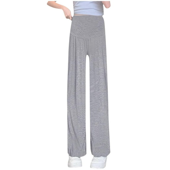 Fnooota Maternity Plus Size Pants, Casual High Waisted Relaxed Fit Cotton Straight Leg Pants Gray Size S-5XL