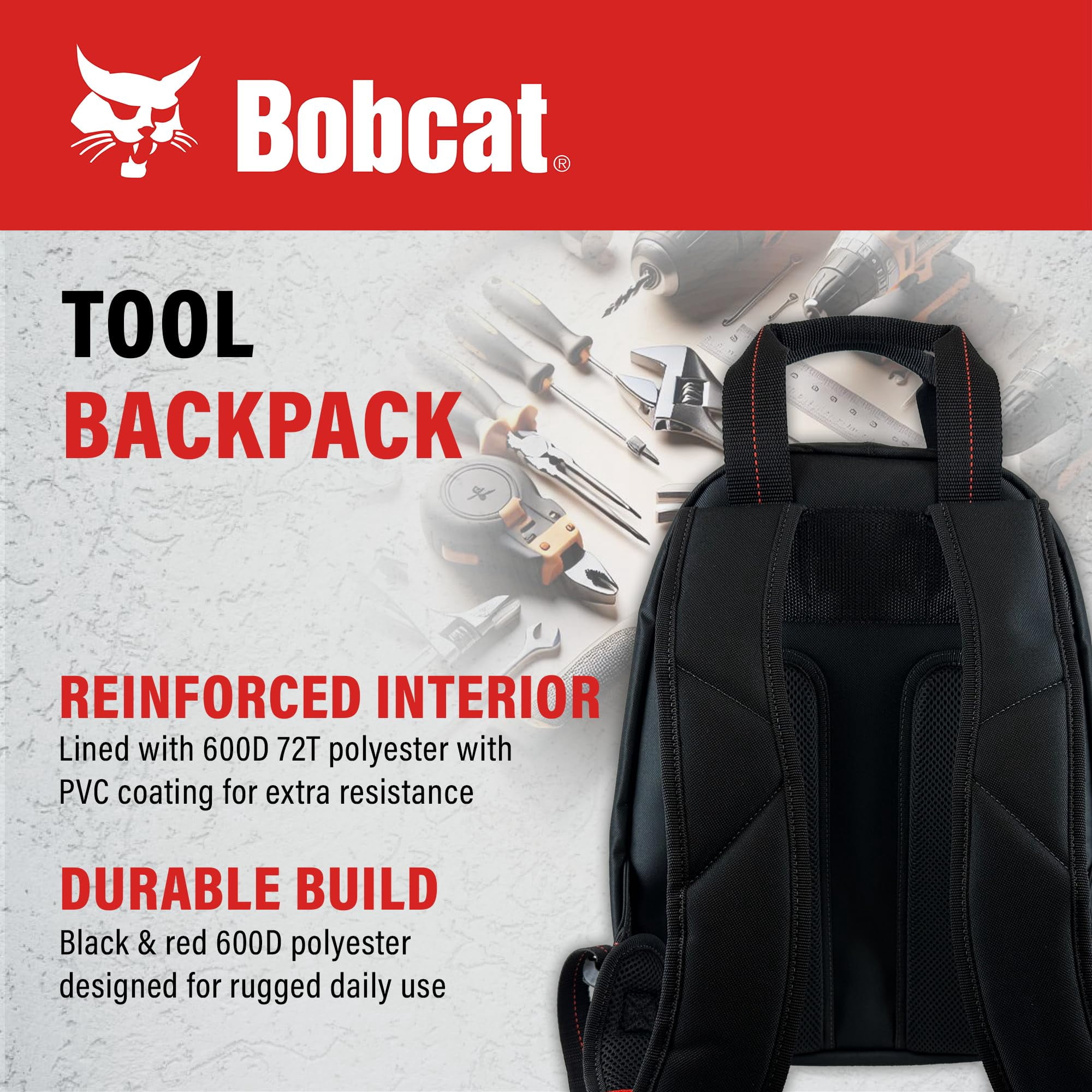 Bobcat Tool Backpack Heavy Duty – Work Tool Bag with 24 Pockets ForTechnician,Havc, Maintenance-Electrician tool bag with Smart Storage – Black/Red