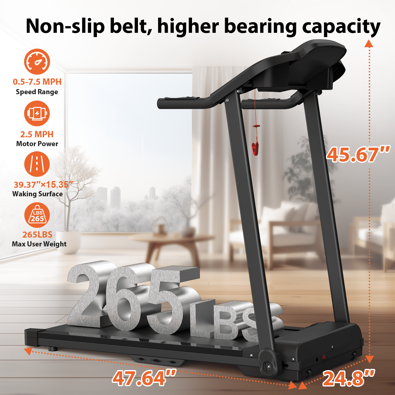 Euroco 2.5 HP Folding Treadmill with 7.5 mph Speed, 265 LBS Fitness Treadmill Running Walking Machine with 12 Preset Programs,LED Display & 2 Cup Holders for Home Gym