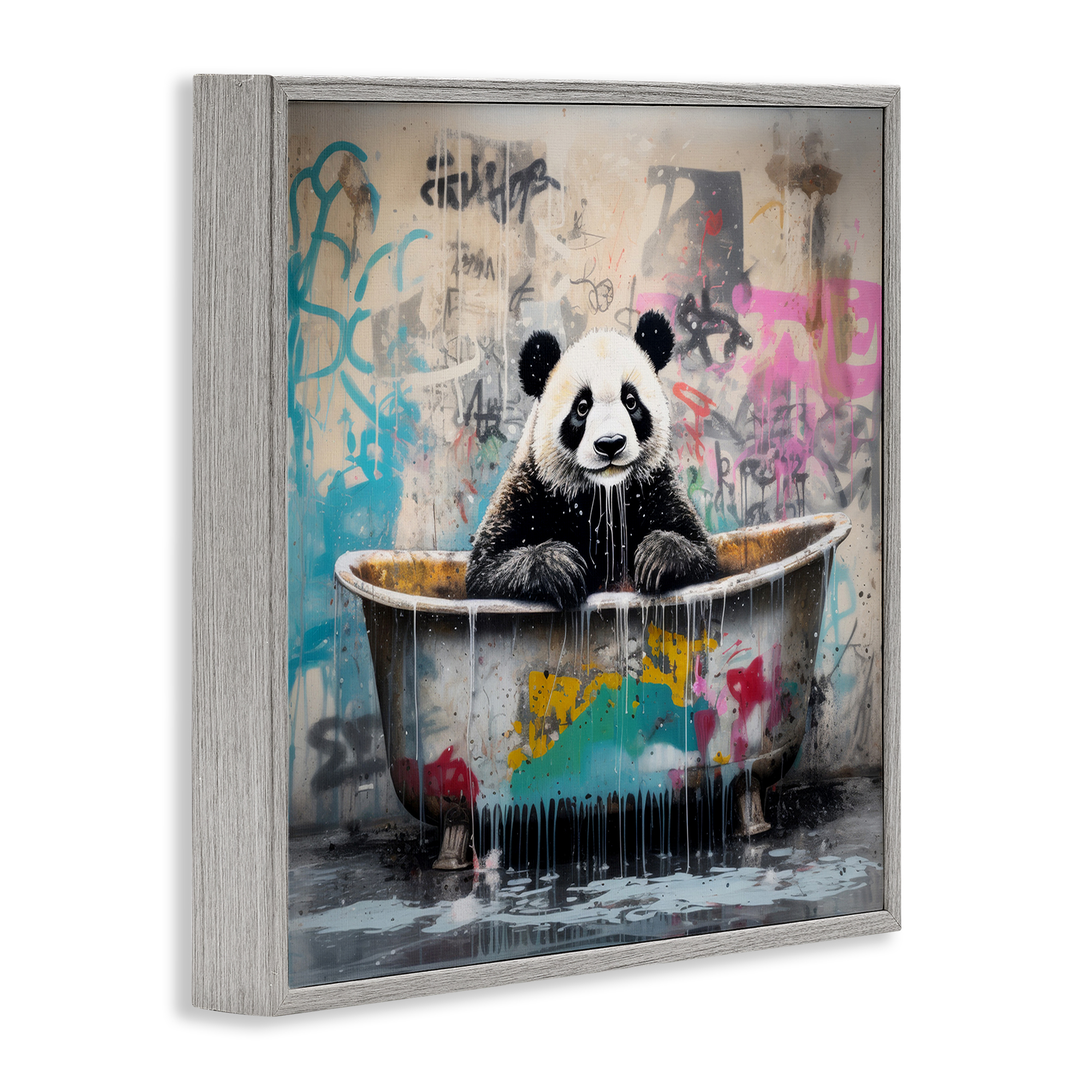 Stupell Industries Graffiti Bathing Panda Typography Painting Gray Framed Art Print Wall Art, 17 x 17