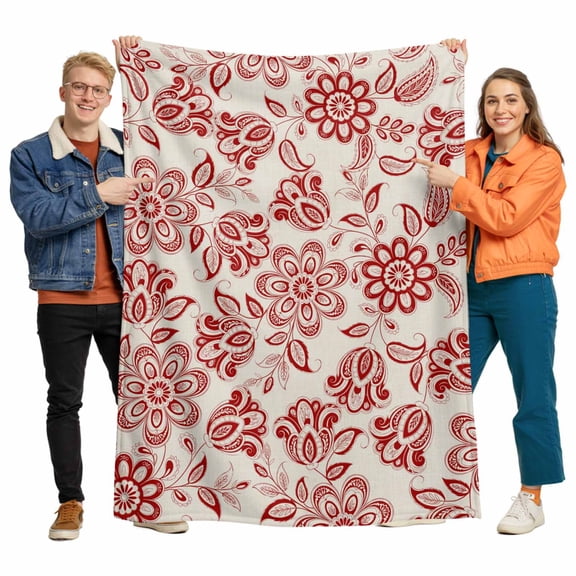 Abstract Paisley Pattern Flannel Blanket for Bed,Travel and Camping, Retro Ethnic Red Flower Super Soft Cozy Blanket for All Seasons 32"x48"