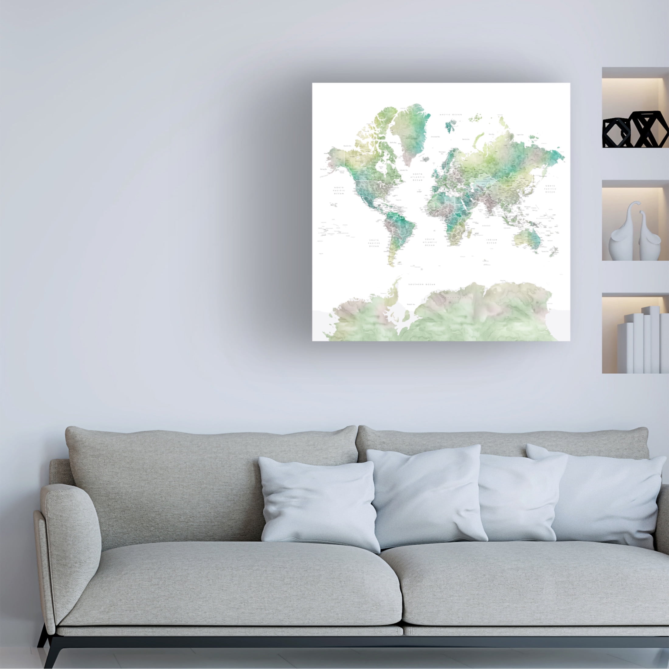 Canvas Wall Art - blursbyai 'Oriole Detailed Watercolor World Map' Wall Art for Living Room, Bedroom, or Office Décor by Trademark Fine Art - 35 x 35 Inches