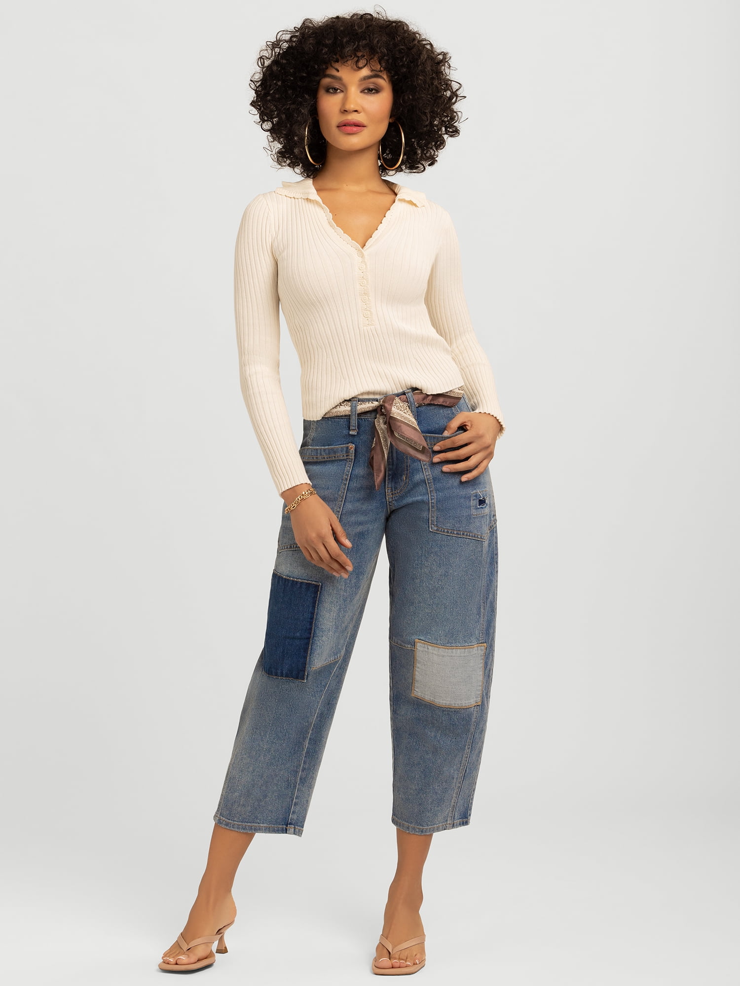 Jessica Simpson Women's and Women's Plus Cherry Cropped Patchwork Barrel Jeans, 26" Inseam, Sizes 2-24W