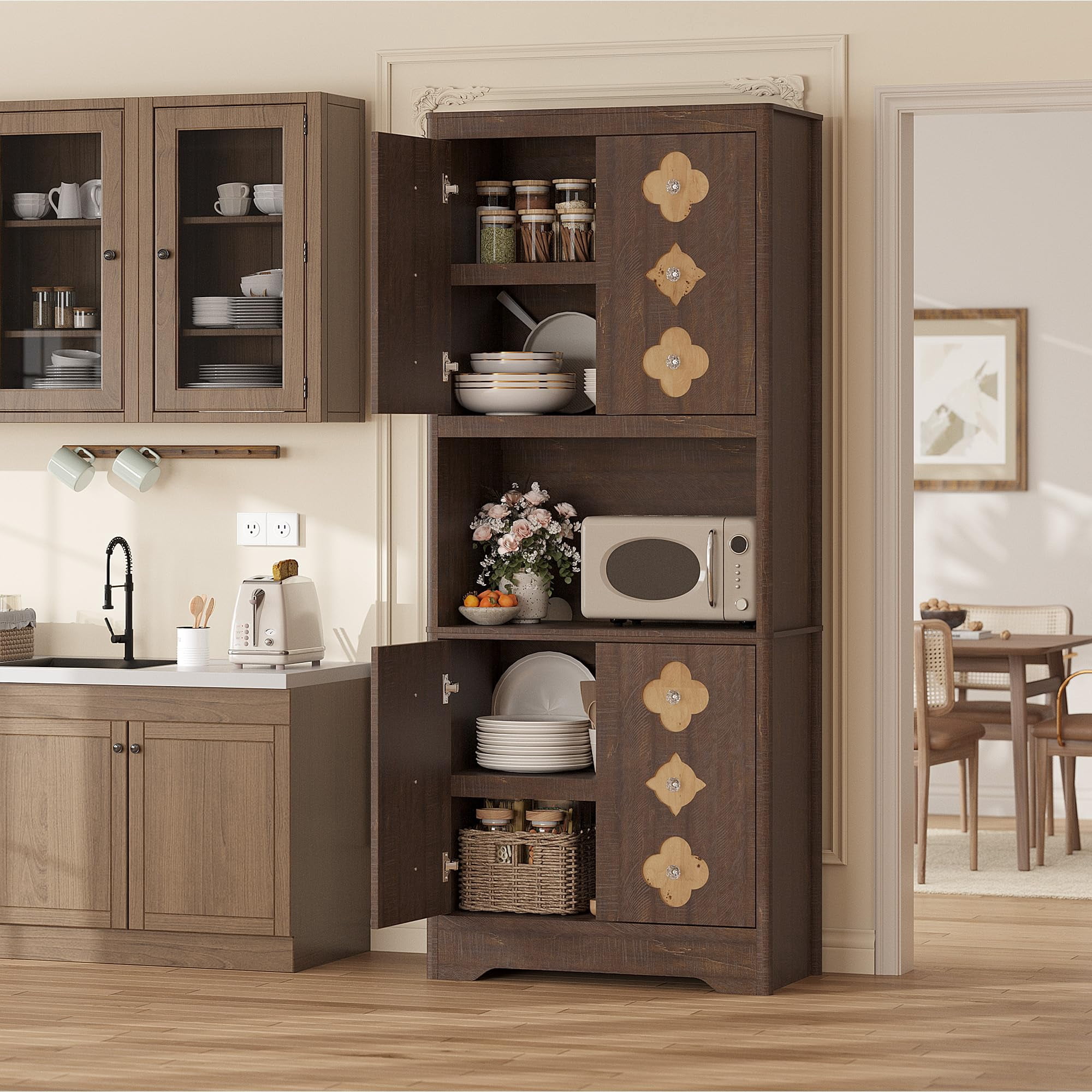 Kitchen Pantry Cabinet, 72" Tall Storage Cabinet with Countertop, Freestanding Wooden Hutch Cupboard with Carved Door & Crystal Handle, for Dining Room, Living Room
