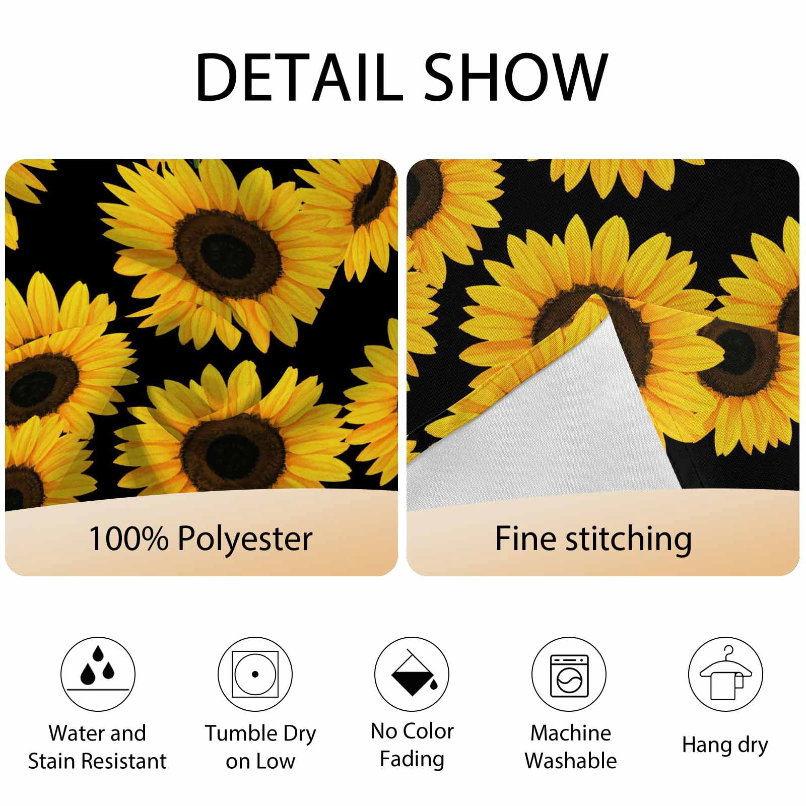 Round Tablecloth Black Sunflower Pattern Waterproof Oil Proof Polyester Table Cloth Cover Decor for Home Dining Outdoor,Patio,Parties, 60" Dia. Floral Print