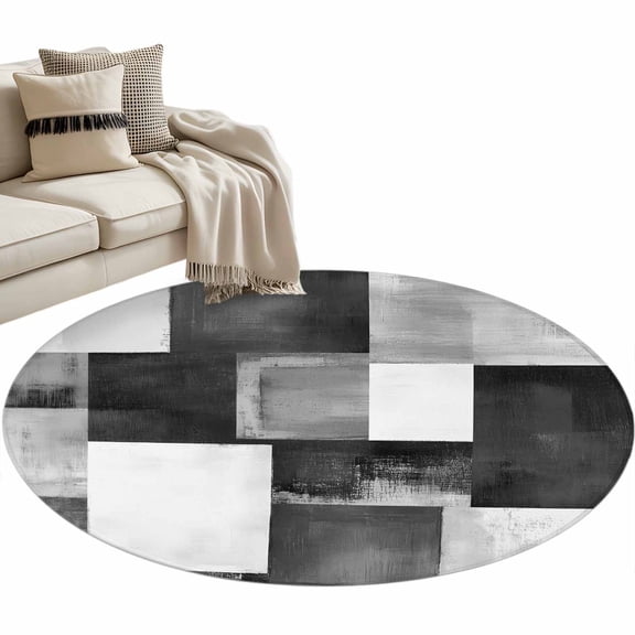 Round Area Rug 4ft Black Plaid Floor Carpets Indoor Floor Area Mat Stain-Proof Mat Circle Rugs for Living Room Dining Room Kitchen Bedroom, Abstract Art Color Block Sofa Throw Carpet