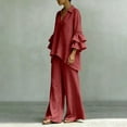 thumbnail image 4 of Kezqiaxn Vacation Outfits for Women Trendy Ruffled Long Sleeve Casual Tops Wide Leg Pants Summer Sets Plus Size Fashion, 4 of 5