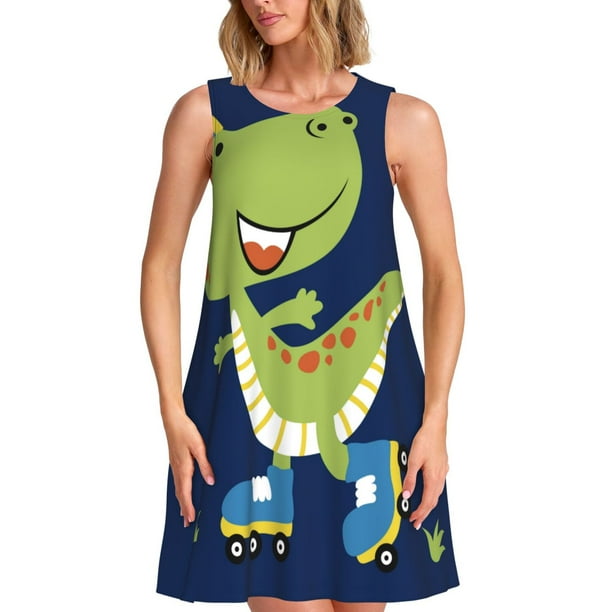 Fotbe Dino Playing Roller Skate Vestido de Verano sin Mangas para Mujer – Vestido Midi Línea A, Estilo Camiseta Floral, Vestido Playero Casual y Fluido