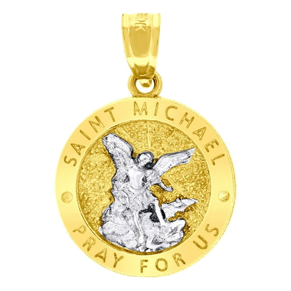 10k Two-tone Gold Unisex Textured Saint Michael Pray for Us Religious Charm Pendant for Men Women