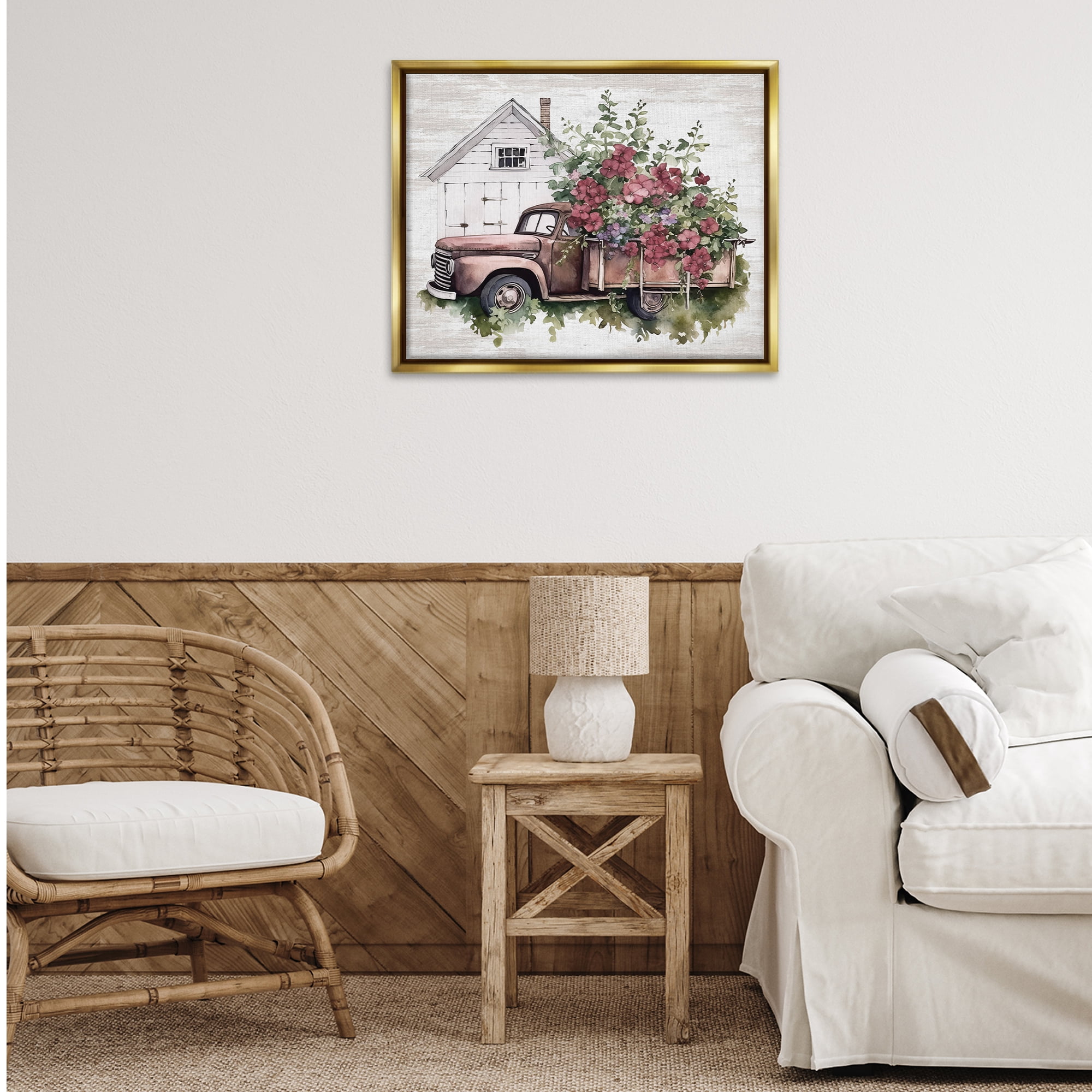 Stupell Industries Burgundy Flowers Truck Transportation Painting Gold Floater Framed Canvas Art Print Wall Art, 31 x 25