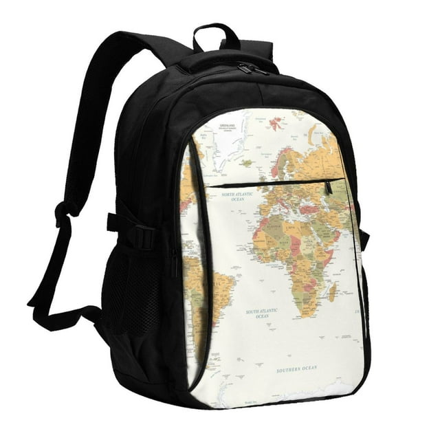 Kdxio World Map 1 Print USB Backpack with Charging Port Laptop Bag Large Capacity Travel Work School Bag