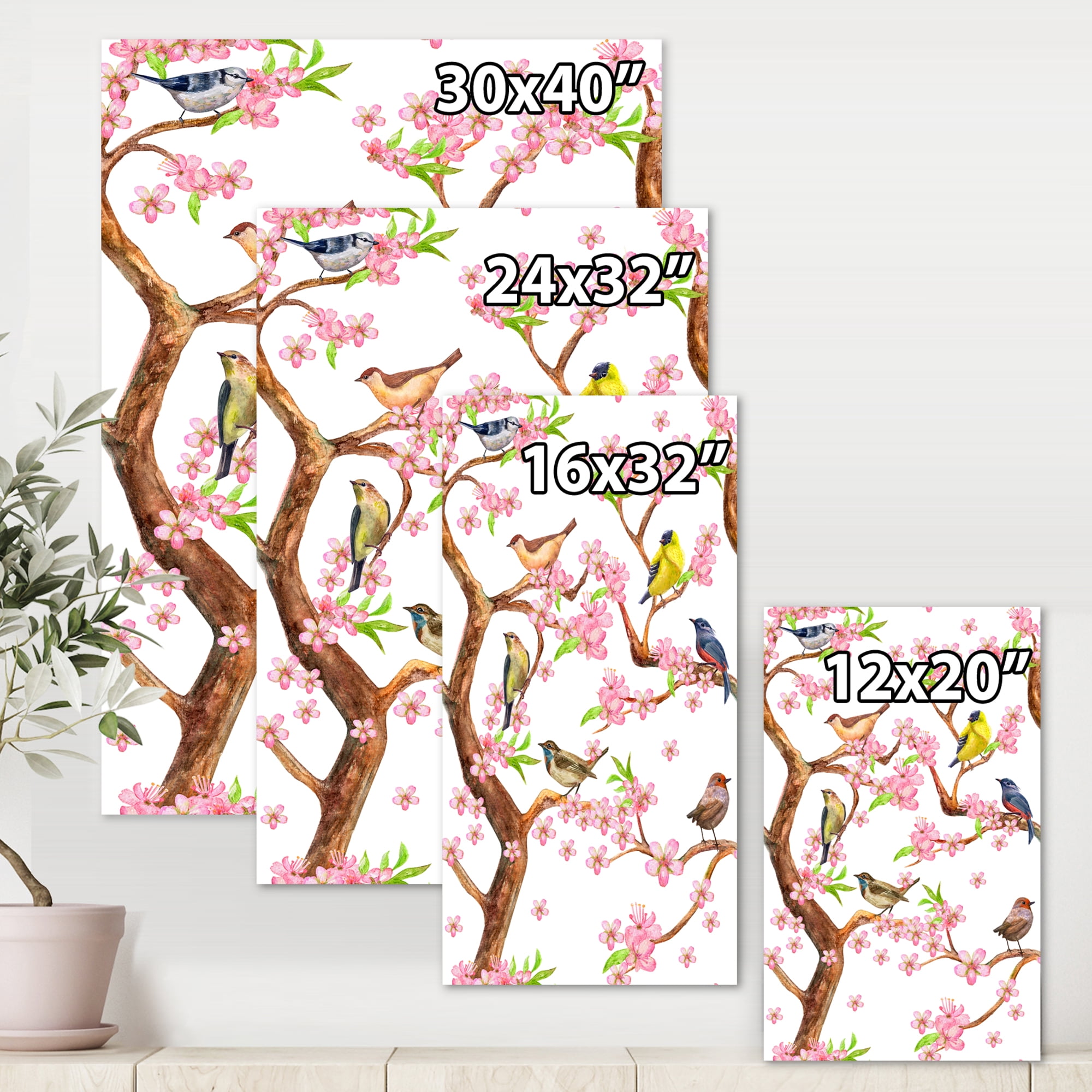 Designart ' Colorful Little Birds On Spring Flowers Tree ' Traditional Canvas Wall Art Print
