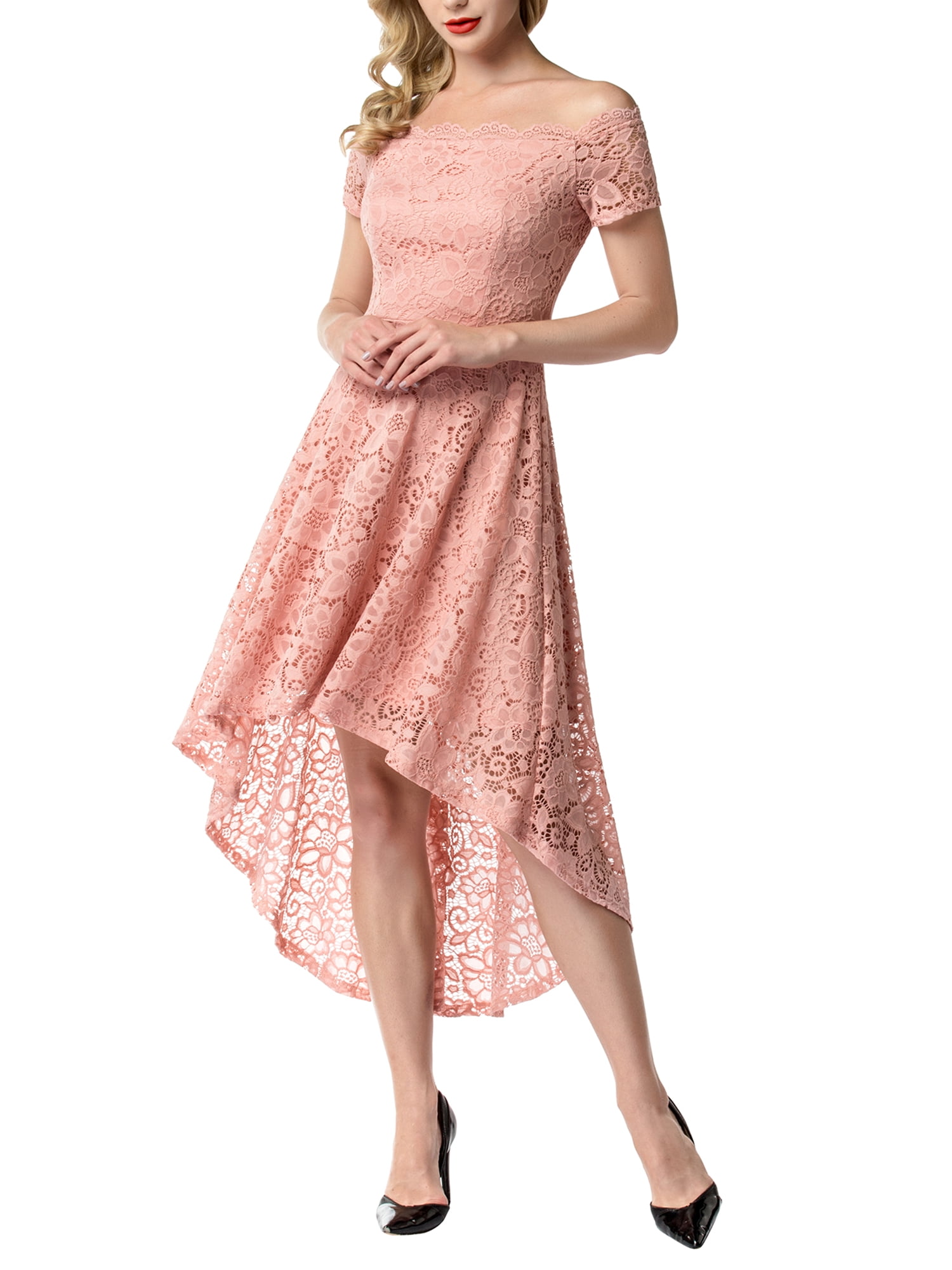 Women Vintage Floral Lace V Neck Party Dress Short Sleeves Hi-Lo Cocktail Dress