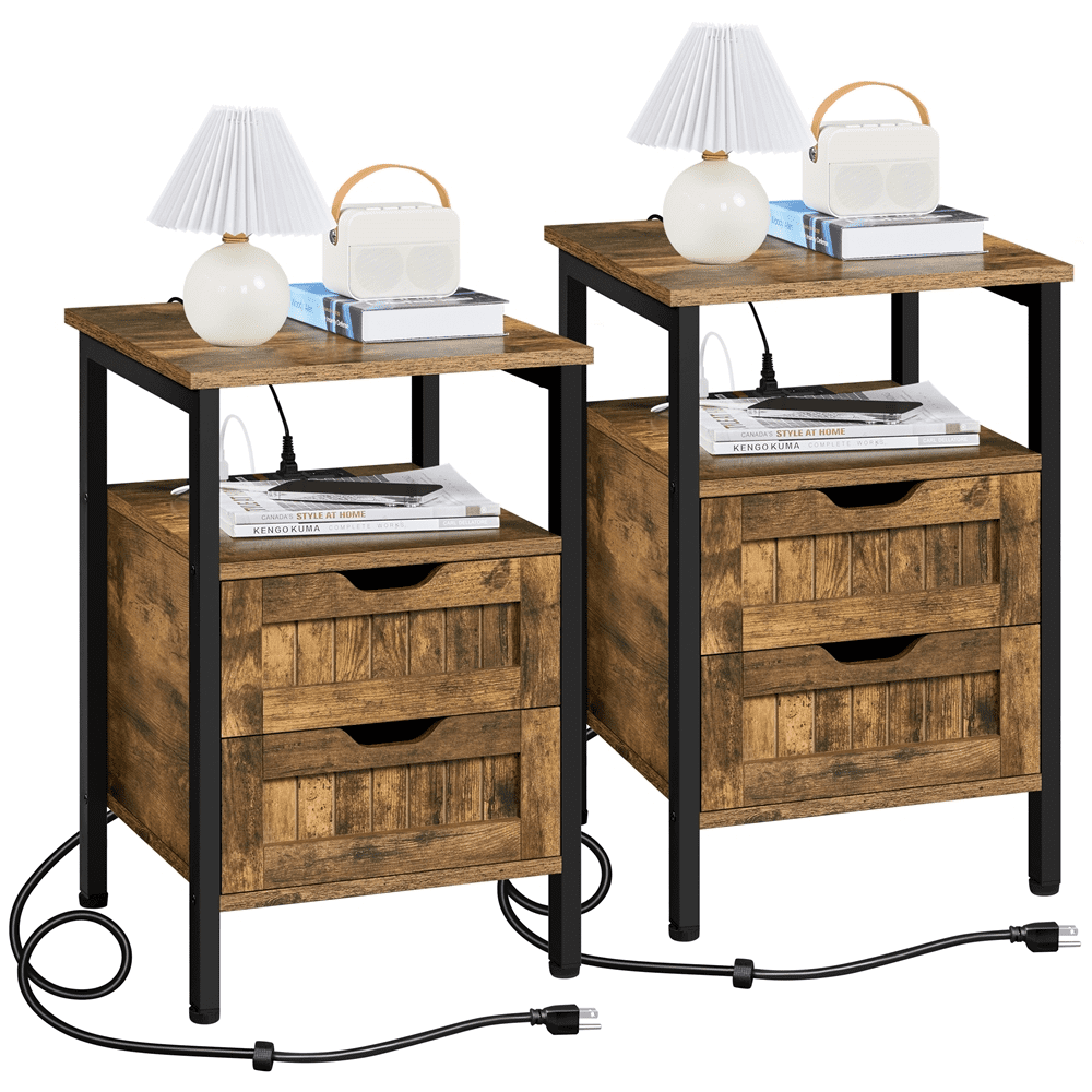 Topeakmart 2 Drawer Industrial Nightstand with Charging Outlets and USB