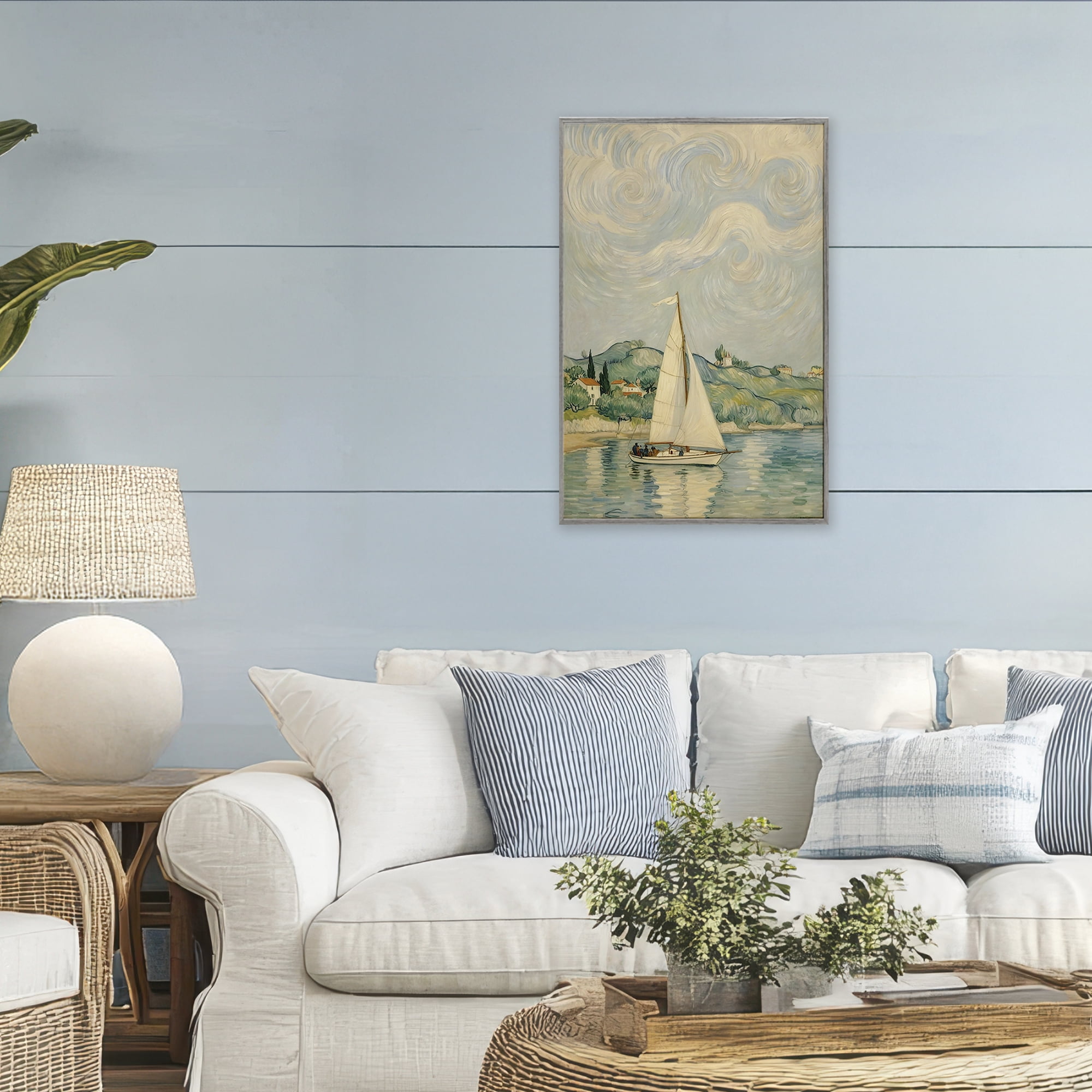 Stupell Industries Sailboat Beneath Swirling Clouds Gray Framed Giclee Art, design by Angie Hawke