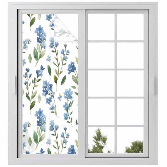 Window Privacy Film Blue Flowers Stained Glass Window Film Decorative Sun Block Window Cover Spring Floral Farmhouse Leaves Rustic Window Clings Static Adhesive Sticker for Bathroom 23.6"x59"