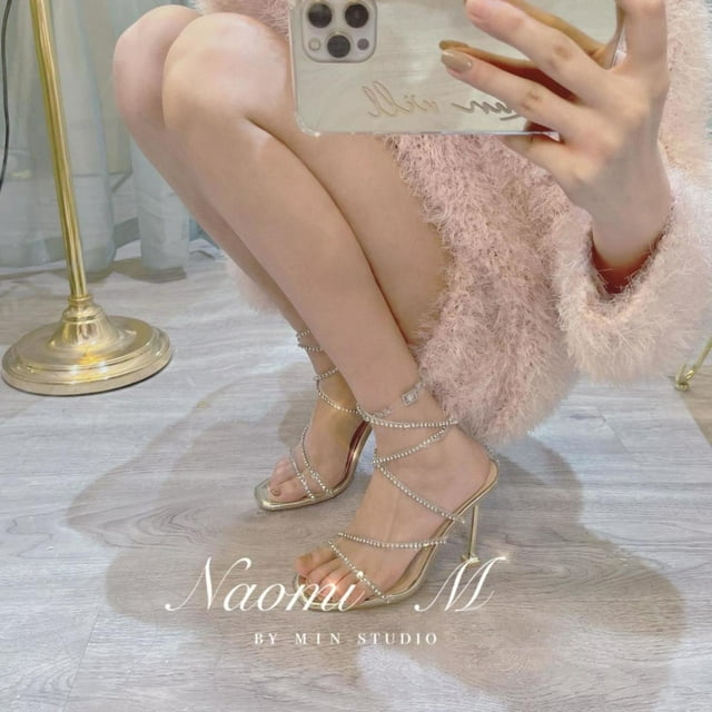 Summer New Square Head Rhinestone Sandals Stiletto Heel Open Toe High Heels Crystal Sexy One Word with Shoes Women