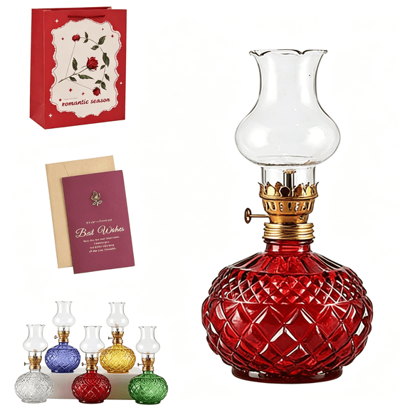 PAGEIA Vintage Style Oil Lamp with Glass Candle Holder,Retro Glass Clear Kerosene Lamp Lantern,Crystal Decorative Oil Lantern for Weddings & Housewarming,Windproof,Elegant Retro Design (Red)