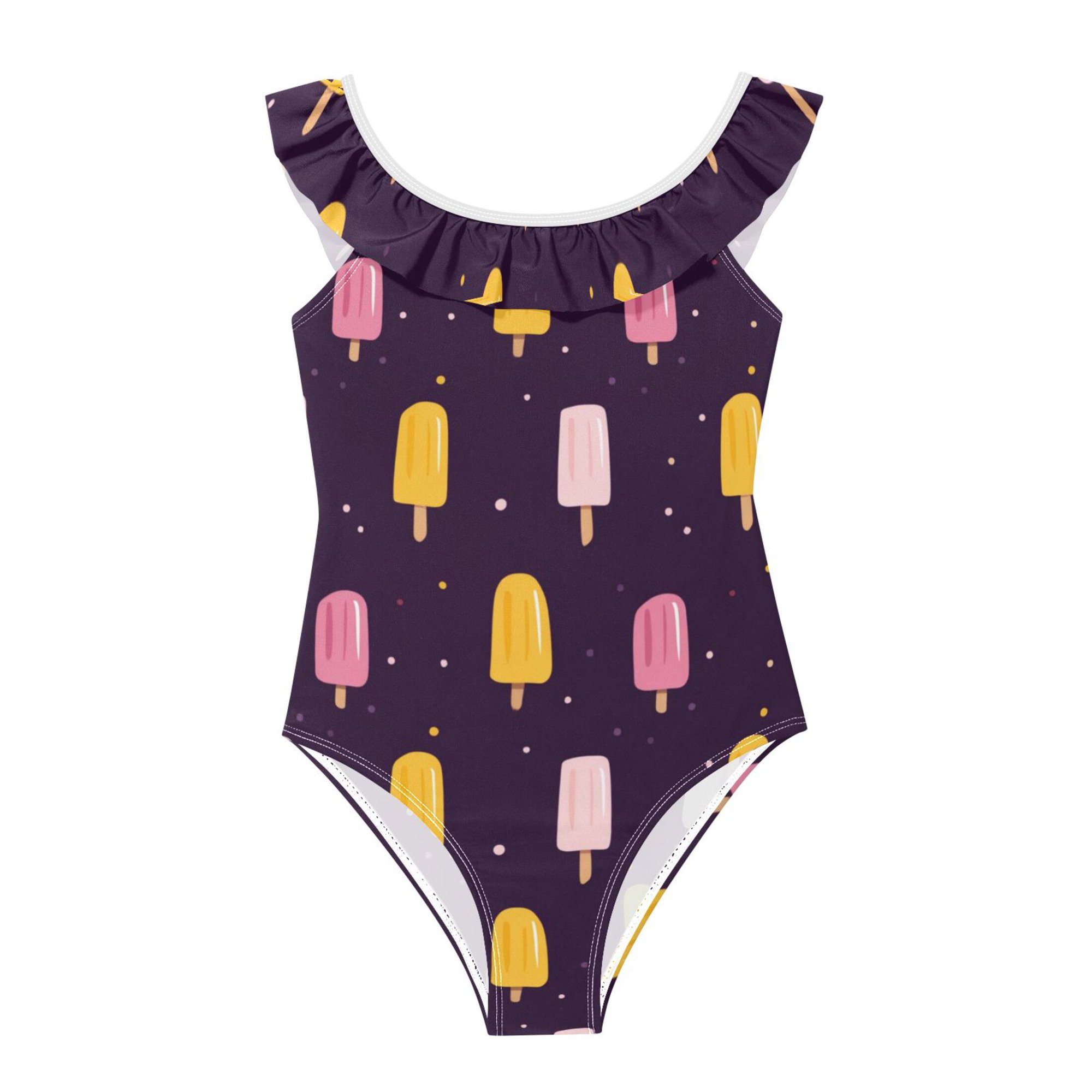 Girls Ruffled One Piece Swimsuit Summer Beach Vacation Swimwear Tank Swimsuit Pink and Yellow Popsicle Pattern
