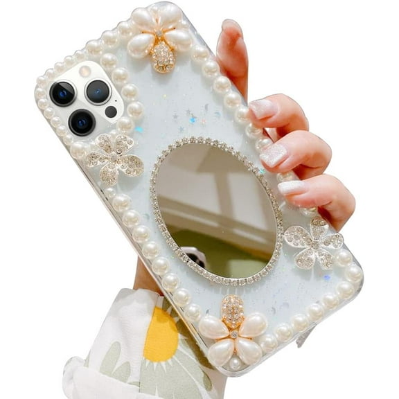 iPhone 13 Pro Max Makeup Mirror Phone Case Luxury Bling Oval-Shaped Pearl Frame Case Slim Soft TPU Bow Knot Protective Case for Girly