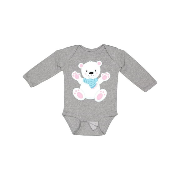 Inktastic Cute Polar Bear, White Bear With Blue Scarf Boys or Girls Long Sleeve Baby Bodysuit