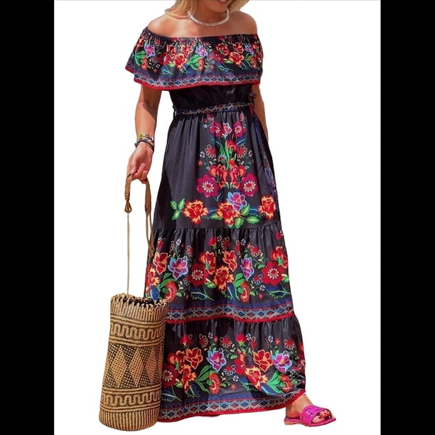 Vestido de Verano para Mujer, Estampado Floral, Hombros Descubiertos, Sin Mangas, Negro y Rojo L