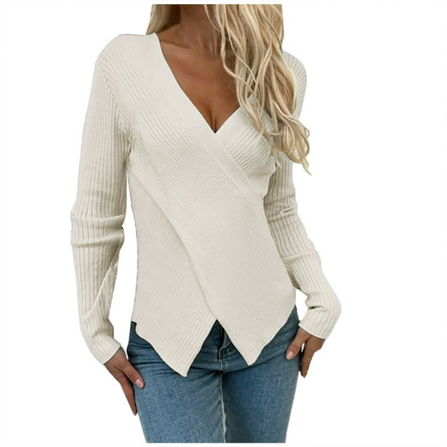 TIMIFIS Womens Pullover Sweater Solid Casual Knit Surplice Wrap Long Sleeve Fall Winter Jumper Tops - Fall/Winter