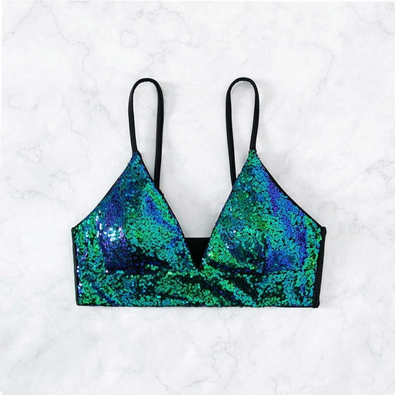 Aboser Bikini Top for Women Sparkly Sequin Swim Tops Adjustable Spaghetti Straps Bathing Suit Top Push Up Halter Swimsuit Tops