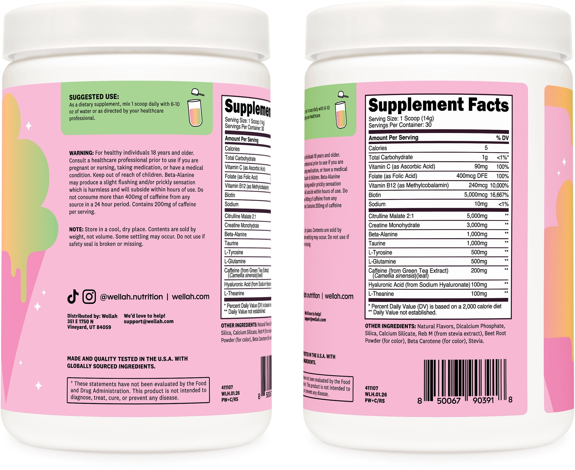Wellah Pre-Workout + Creatine Powder (30 Servings) Rainbow Sherbert - 200mg Caffeine, 3g Creatine Monohydrate, 5g Citrulline Malate, Pre-Workout with Creatine Supplement