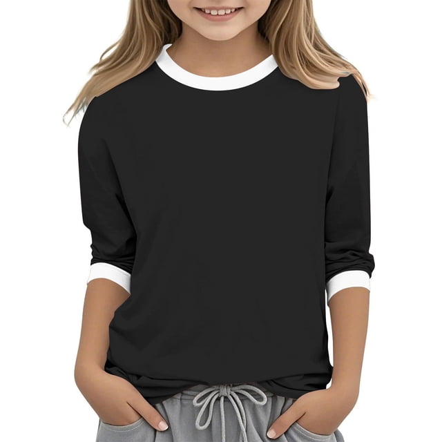 Zpanxa Girls Athletic Shirts Solid Color Three Quarter Sleeve Round Neck Polyester Spandex Top 4 Years