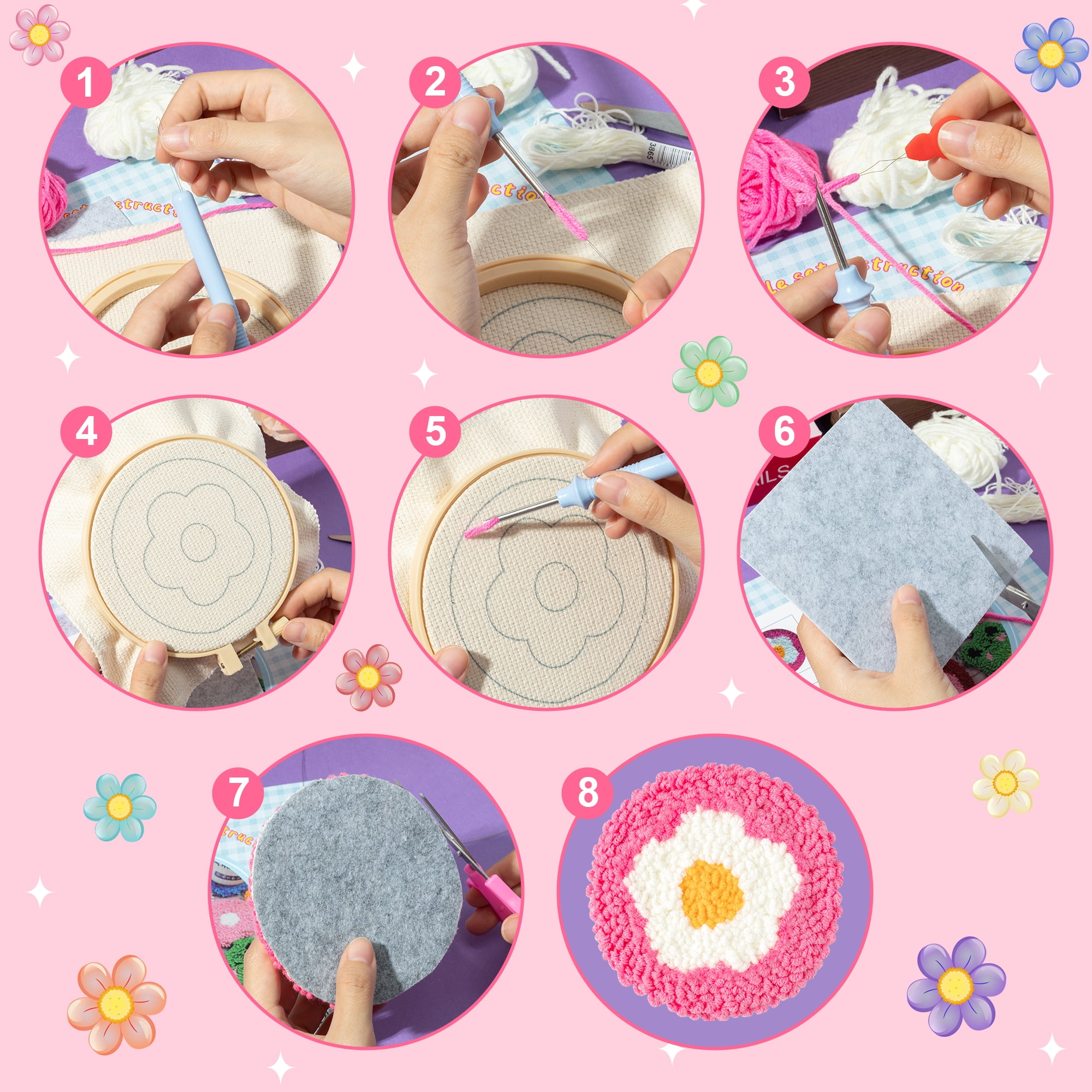 Belanttega Flower Punch Needle Coaster Kit - 22Pcs Art Work Decor Craft Supply for Beginners, DIY Set of 6 Flowers Pattern Tufted Rug Pads with Adhesive Felt Yarns Embroidery Hoop Tools Instruction