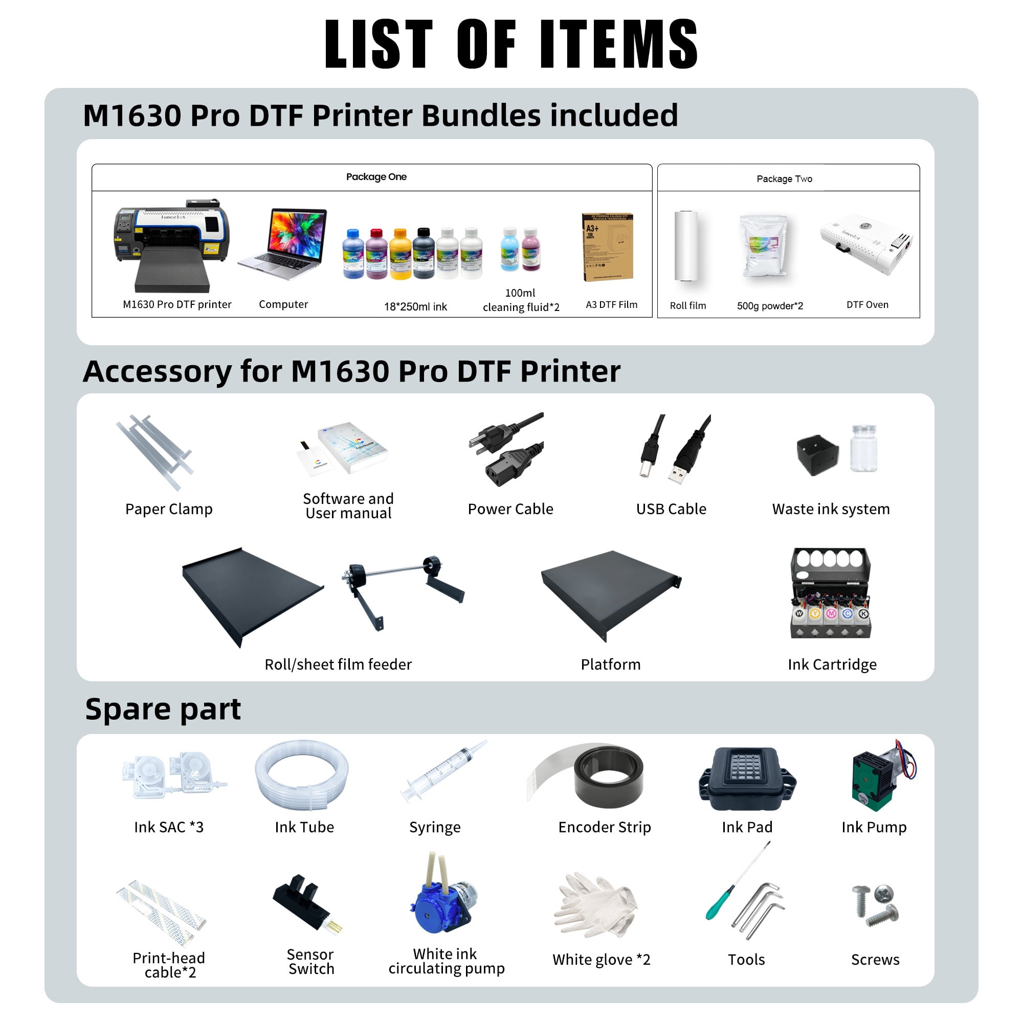 Lancelot M1630 PRO A3 DTF T-Shirt Printer Bundle - Auto Cutter/Cleaning, Holiday Mode, Beginner-Friendly for Home Use (Printer+Laptop+Oven+Consumables+Software)