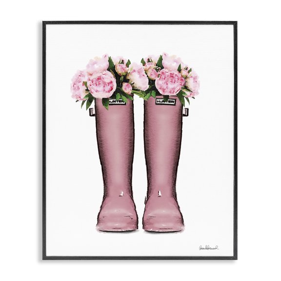 Stupell Industries Art Deco Pink Peonies Bouquet Fashion Rainboots Chic Glam Florals Black Framed Giclee Art, 11 x 14, by Amanda Greenwood