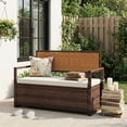 thumbnail image 2 of Outdoor Storage Bench with Cushion, PE Rattan Patio Bench with Backrest, Armrests and Metal Frame, Waterproof Deck Box Seat for Porch, Backyard & Poolside, Dark Brown, 2 of 8