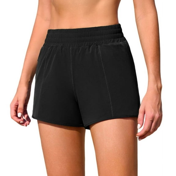 Womens Swimming Shorts High Waisted Built-In Briefs Bathing Suit Bottoms with Two Zipped Pockets