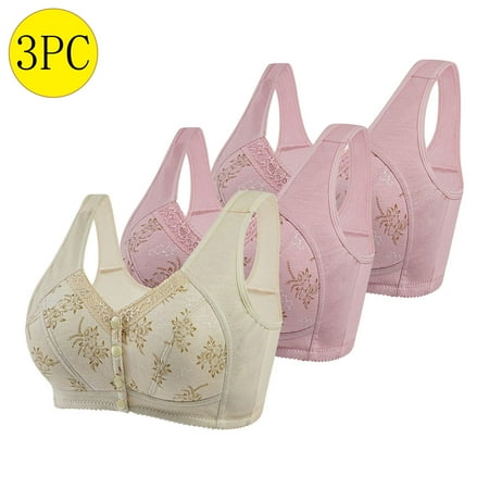 WIZUTIZ Front Closure Bras for Women Womens Bralettes 3-Pack Supportive Brassiere Wirefree Deep Cup Casual Full Coverage Bras Solid Embroidered Underwear for Older Women Hiking 44 Beige