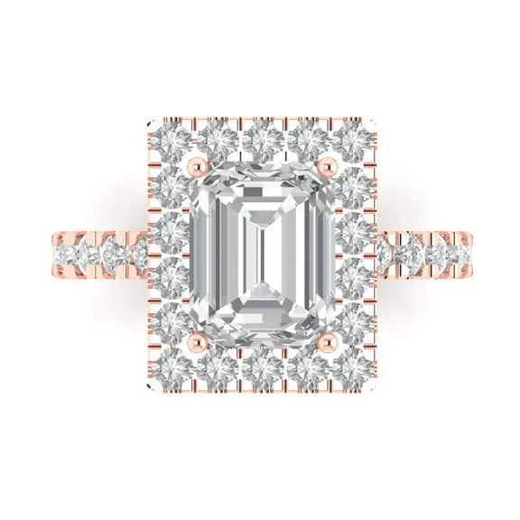 3.84ct emerald cut clear moissanite 14k pink rose gold engraving statement Bridal Wedding halo Designer Ring size 10.5