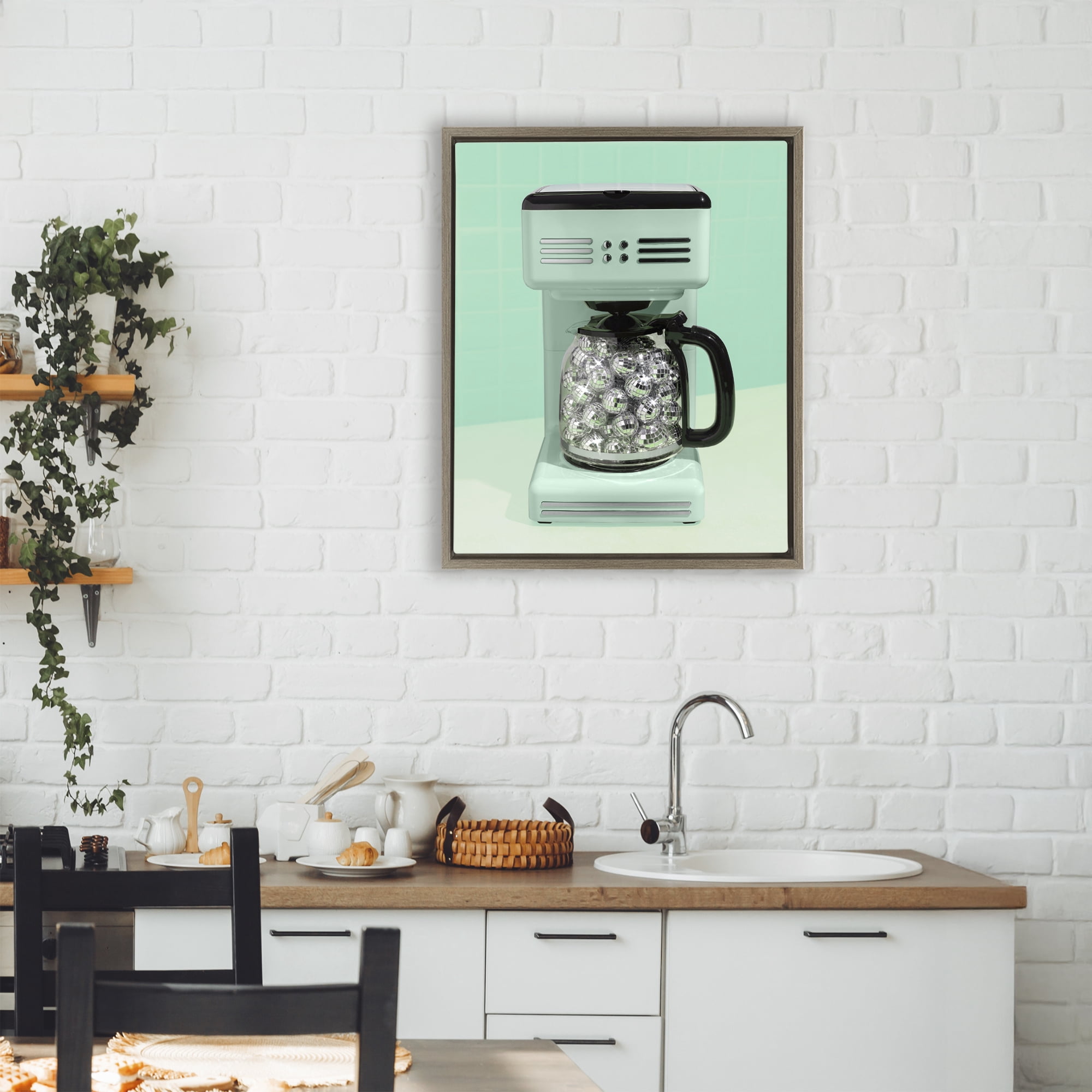 Stupell Industries Disco Coffee Maker over Green Brown Framed Floater Canvas Wall Art, design by LISH Creative