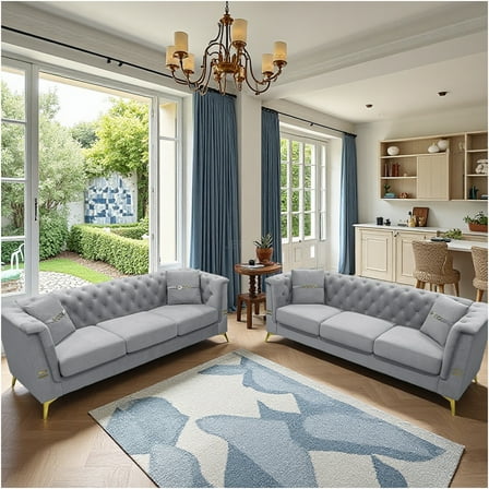 JERFIT 2-Piece Light Gray Fabric Sofa Set, Mid-Century Modern 3-Seater Couches with Removable Cushions & Gold Metal Legs for Large Living Room