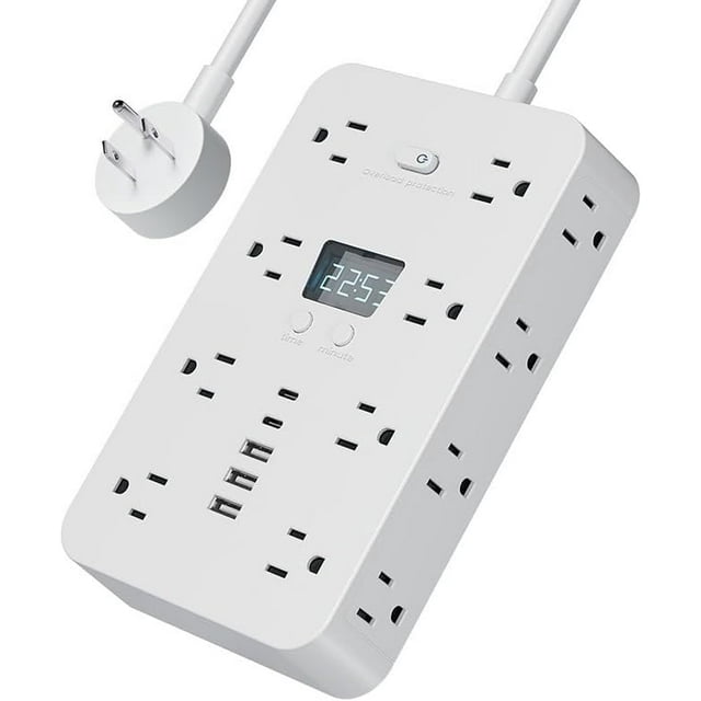 16-in-1 Power Strip Surge Protector with 12 AC Outlets, 3 USB-A & 1USB-C Ports, Time Display for Home & Office Use