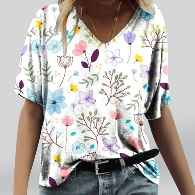 Fiudx Ofertas Flash Del Día Camisetas Holgadas de Manga Corta con Cuello En V Informales con Estampado de Moda para Mujer