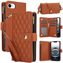 ELEHOLD Premium Leather Wallet Case For iPhone 16e, Zipper Folio with 6 Card Slots Cash Pocket Magnetic Closure Protective Flip Wallet Case Cover with Wrist/Shoulder Strap,Brown
