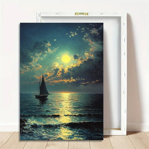 Moonlight on the Sea Laying on the Sea Surface Vintage Oil Painting Style Canvas Art Poster Wall Art Print Modern Unique Family Bedroom Living Room Decor