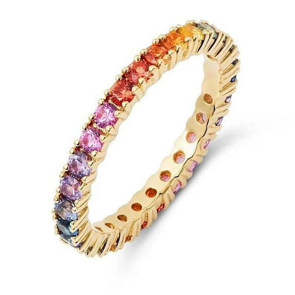 925 Silver Rainbow Gemstone Ring, Natural Multi Sapphire Band, 14K Gold plated Stack Eternity Band Ring, Real Colored Gemstone Ring, Anniversary Ring