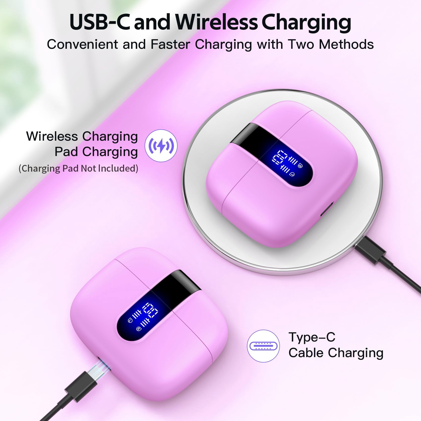 TAGRY Bluetooth Headphones True Wireless Earbuds 60H Playback LED Power Display Earphones with Wireless Charging Case IPX5 Waterproof in-Ear Ear buds with Mic for TV Smart Phone Laptop Computer