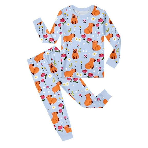 SonxaHe Toddler Girls Outfit Set Capybara Prints Long Sleeve Tshirt Trousers Kids Sleepwear Cartoon Nightwear Outfits Blue,Sized 2-3